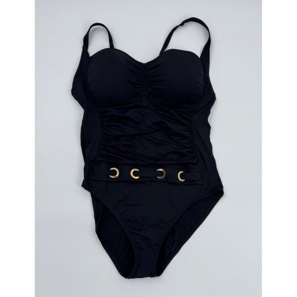 Bleu Rod Beattie Other - Bleu Rod Beattie Womens Black Ruched One-Piece Swimsuit With Gold Hardware Belt